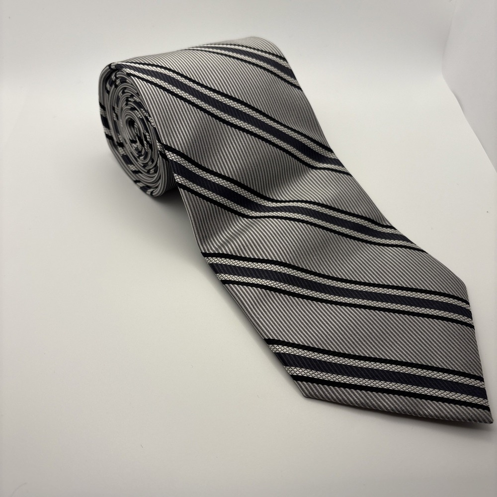 Bruno Piattelli Mens Silk Necktie Silver Grey Black Diagonal Striped Formal Tie